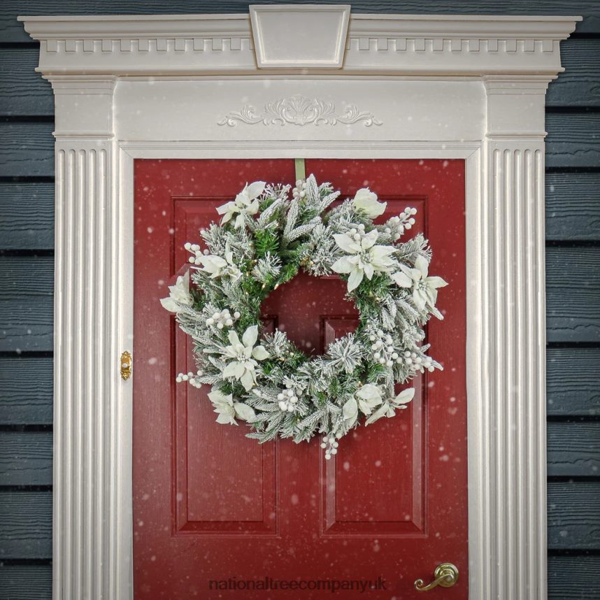 Greenery | National Tree Company Pre-Lit Artificial Christmas Wreath Frosted Colonial White LED Lights Battery Powered 26 in F2L4F270